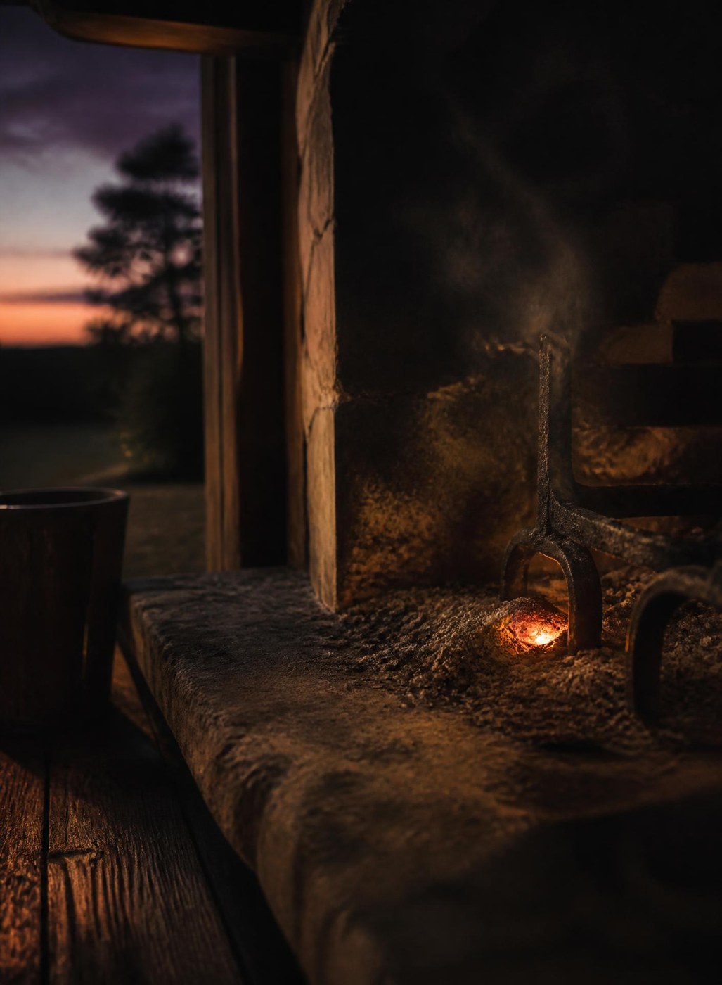 A stone hearth at dusk holding a single glowing ember