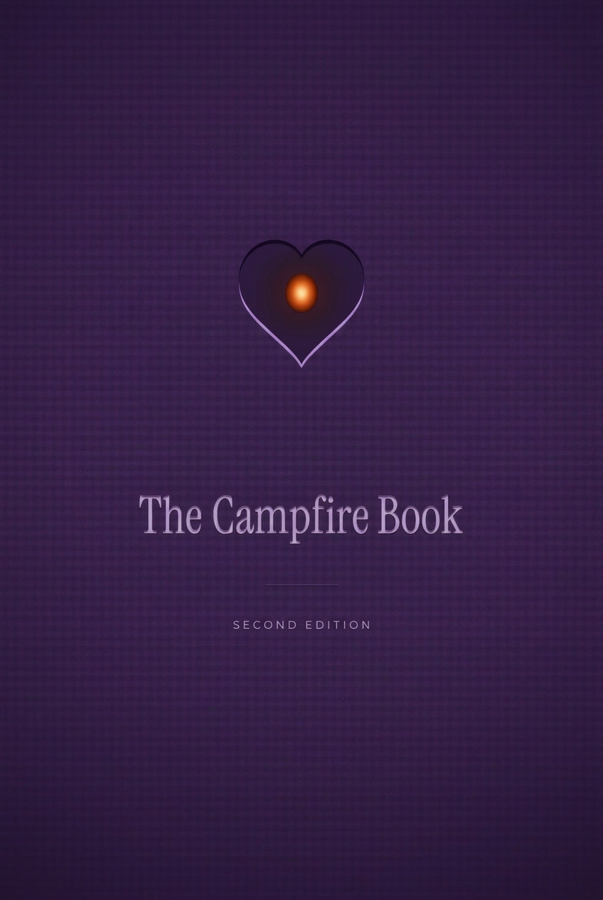 Second Edition of The Campfire Book — a cloth-bound purple cover with a debossed heart and a single glowing ember